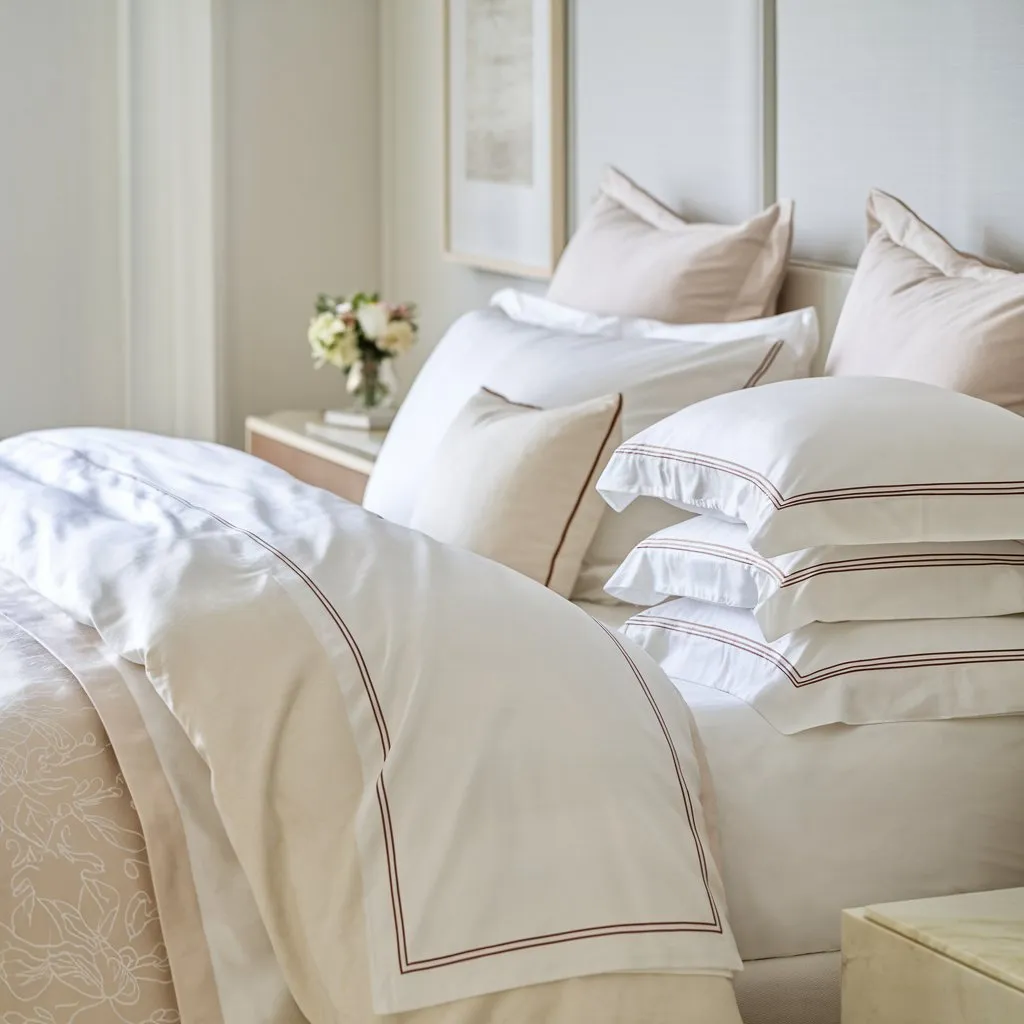 Plush hotel bedding stack demonstrating multi-dimensional soft layered texture