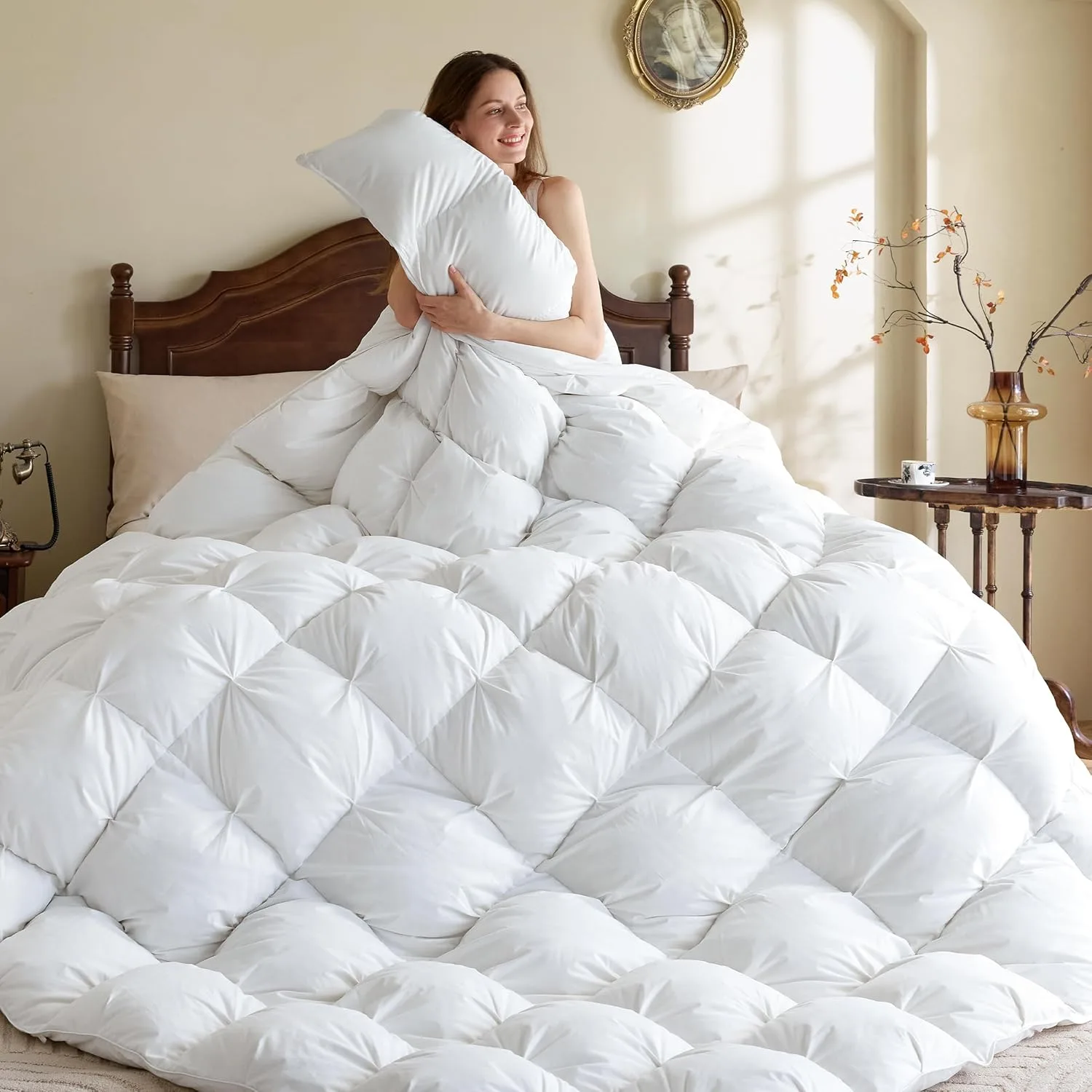 Kakabell Pinch Pleat Goose Down Feathers Fiber Comforter King Size All Season-Ultra Soft and Cozy